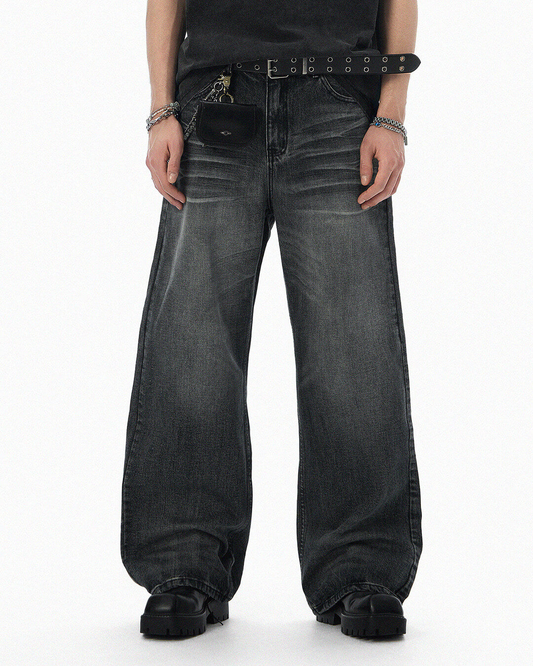 JHYQ Black Vintage Wash Wide Leg Jeans