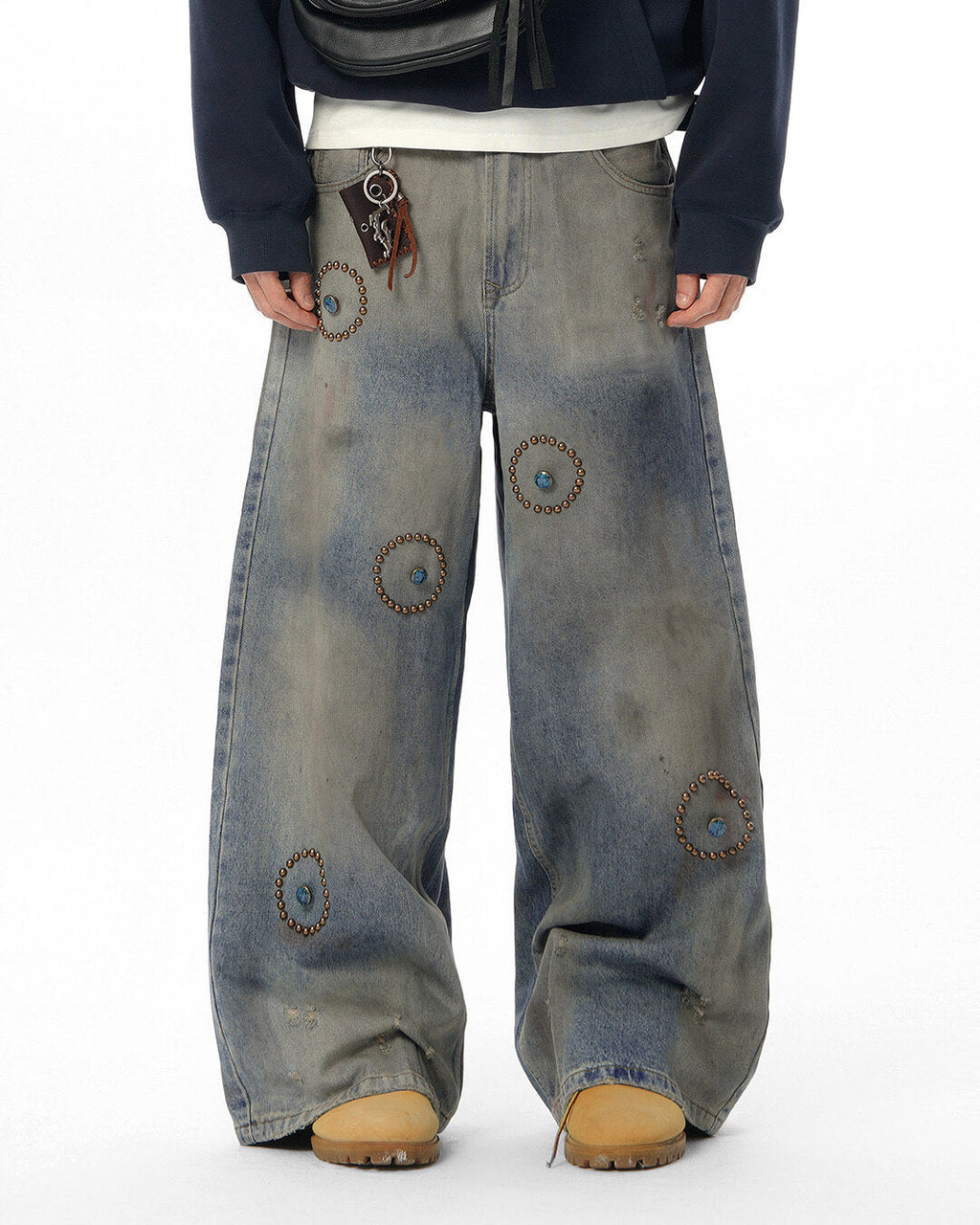 JHYQ Blue Beaded Studded Curved Seam Machete Jeans