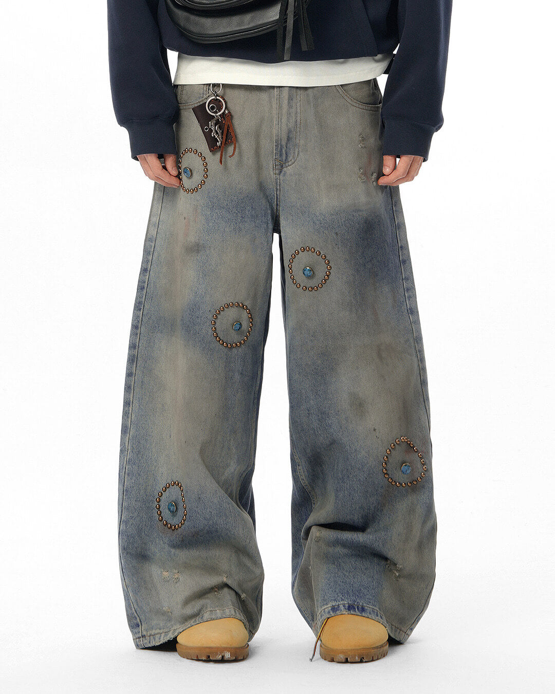 JHYQ Blue Beaded Studded Curved Seam Machete Jeans