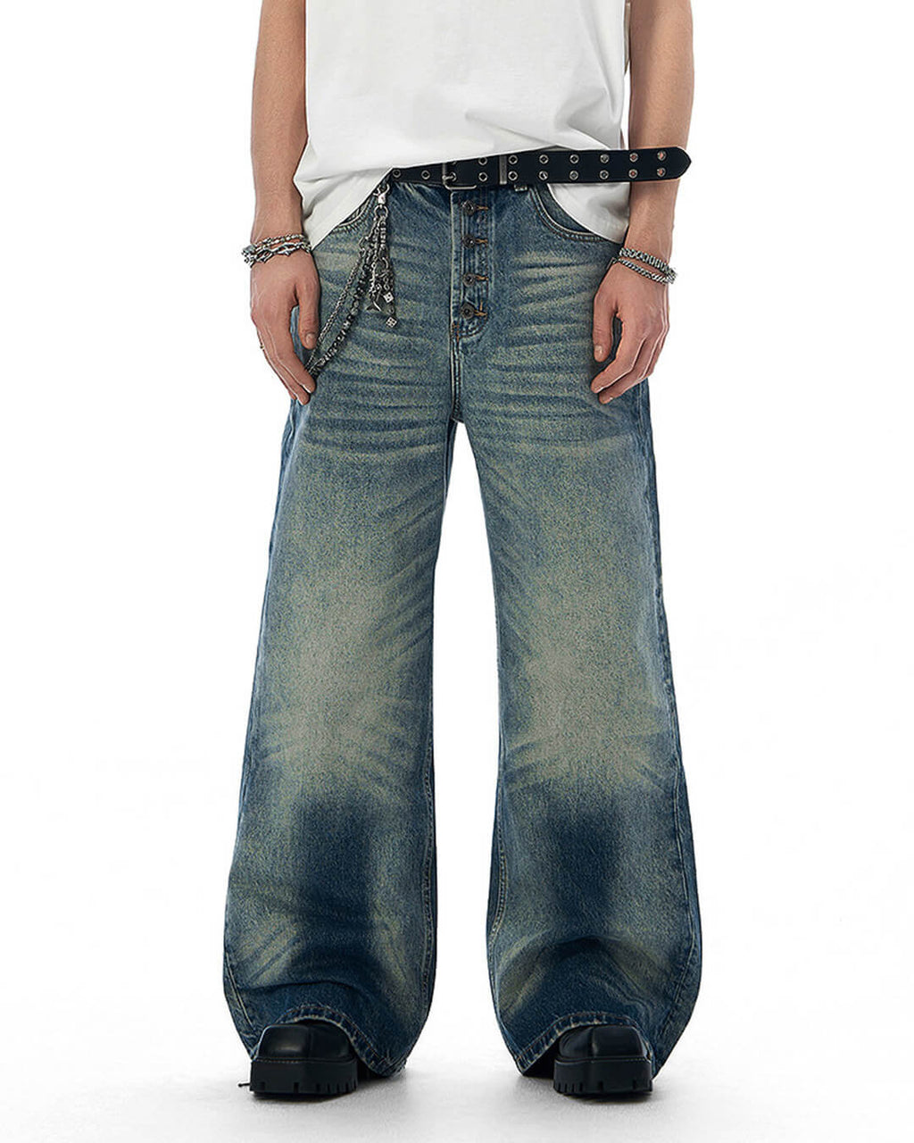 JHYQ Blue Multi Button Whiskered Washed Loose Fit Jeans
