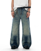 JHYQ Blue Multi Button Whiskered Washed Loose Fit Jeans