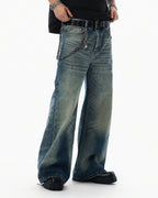 JHYQ Blue Multi Button Whiskered Washed Loose Fit Jeans