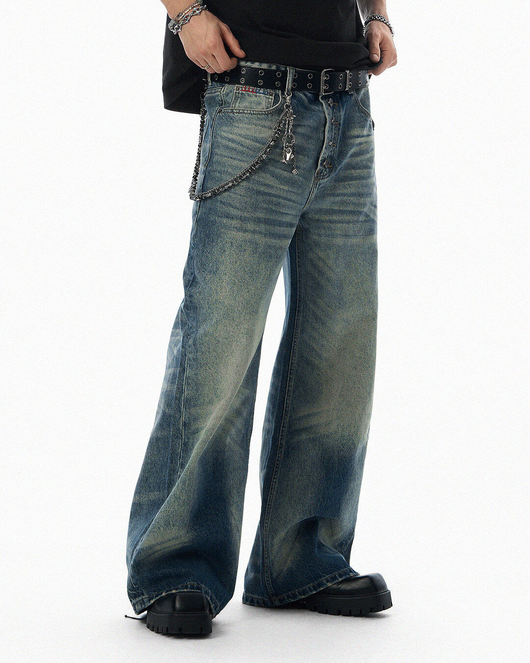 JHYQ Blue Multi Button Whiskered Washed Loose Fit Jeans
