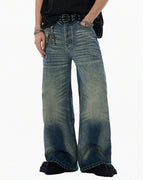 JHYQ Blue Multi Button Whiskered Washed Loose Fit Jeans