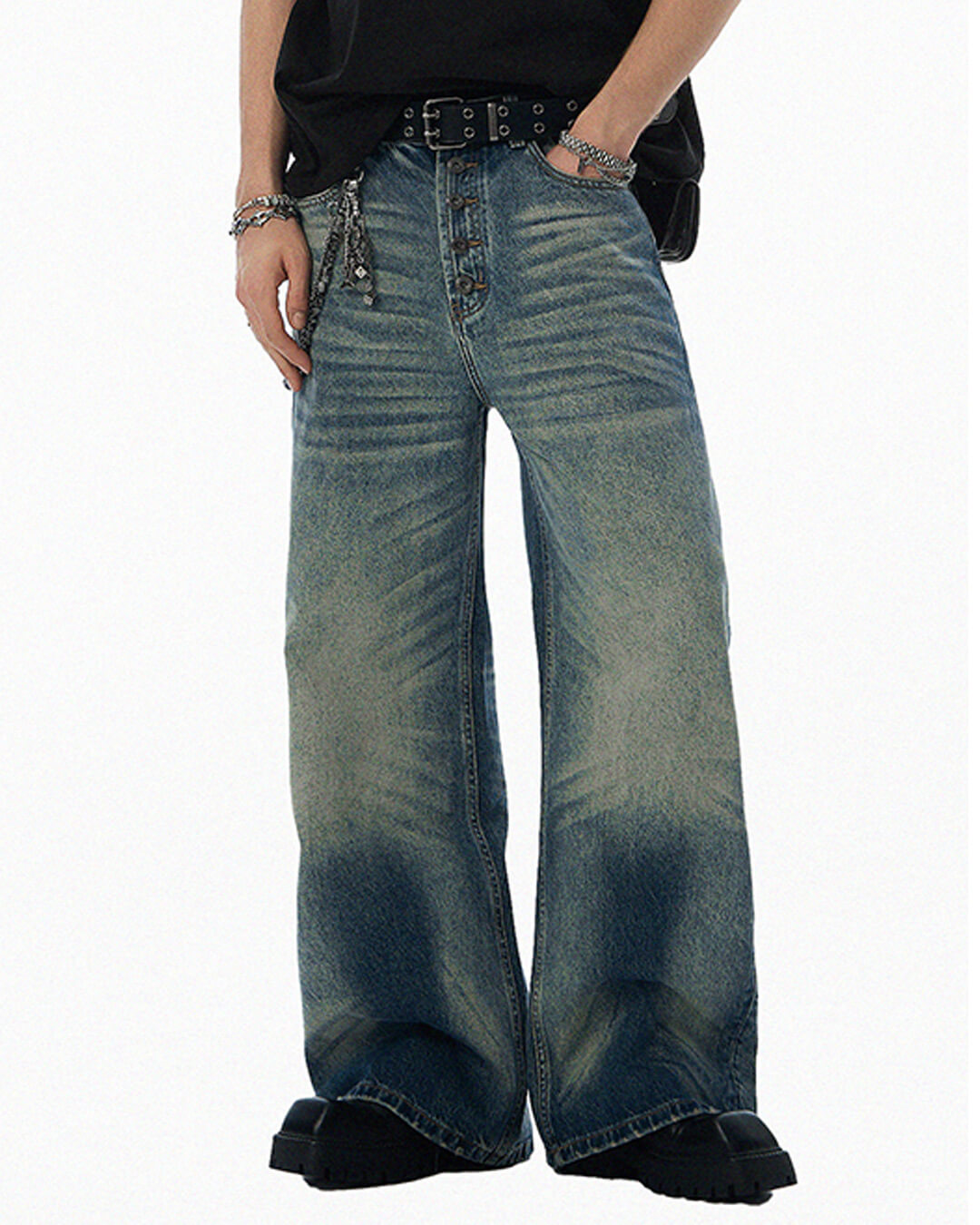 JHYQ Blue Multi Button Whiskered Washed Loose Fit Jeans