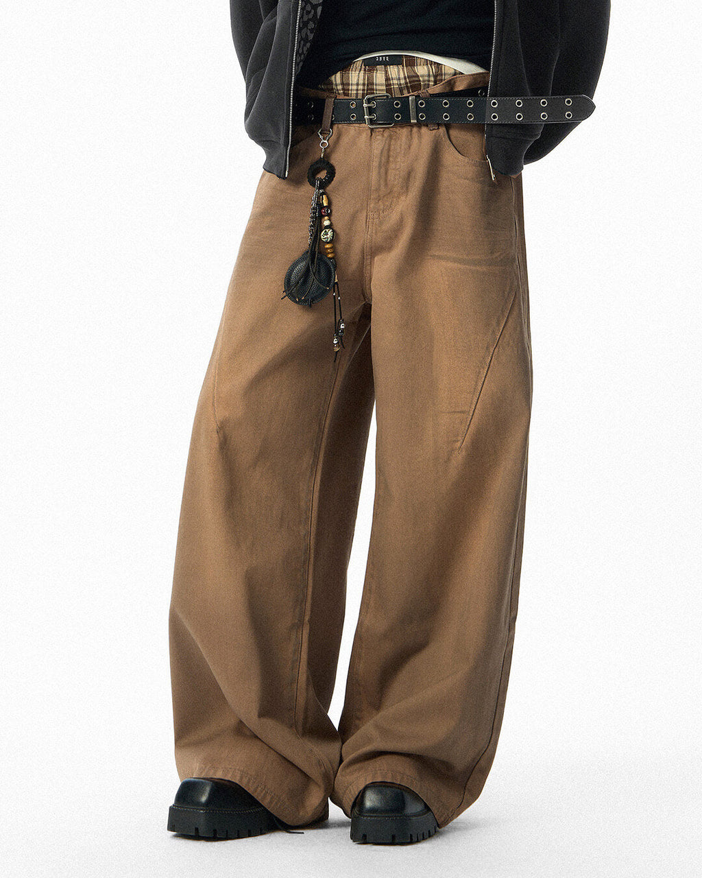JHYQ Brown Washed 3D Cut Baggy Jeans