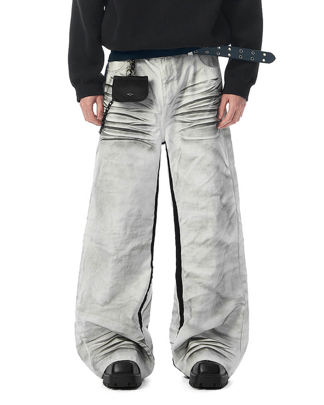 JHYQ Contrast Inner Stripe Distressed Washed White Baggy Jeans