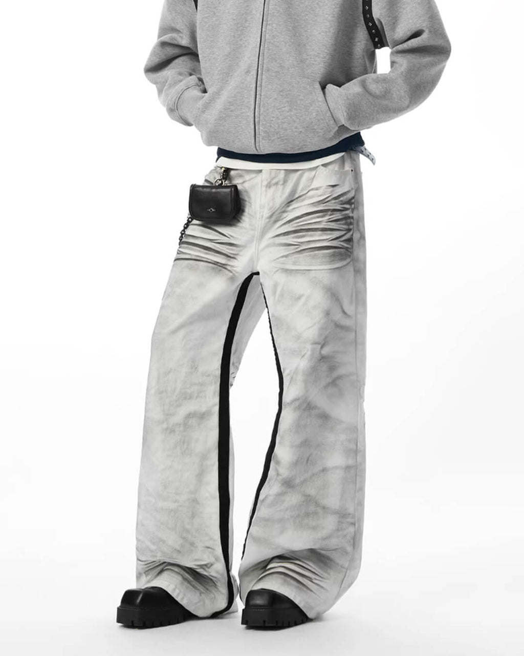JHYQ Contrast Inner Stripe Distressed Washed White Baggy Jeans