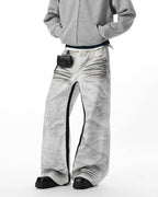 JHYQ Contrast Inner Stripe Distressed Washed White Baggy Jeans