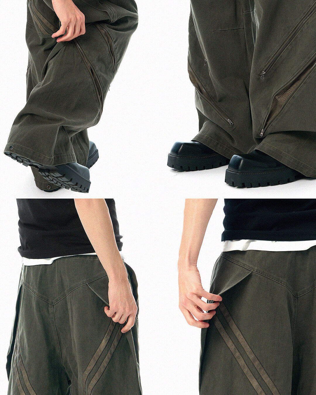 JHYQ Diagonal Zipper Detail Contrast Stripe Baggy Pants