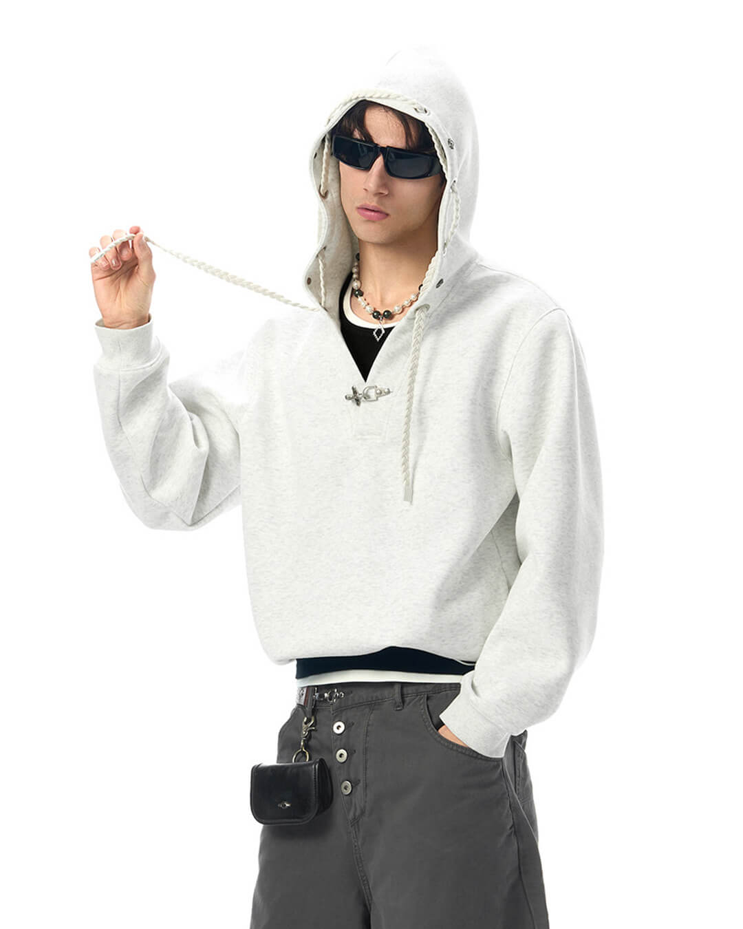 JHYQ Eye Rivet Rope Drawstring V Neck Cropped Hoodie