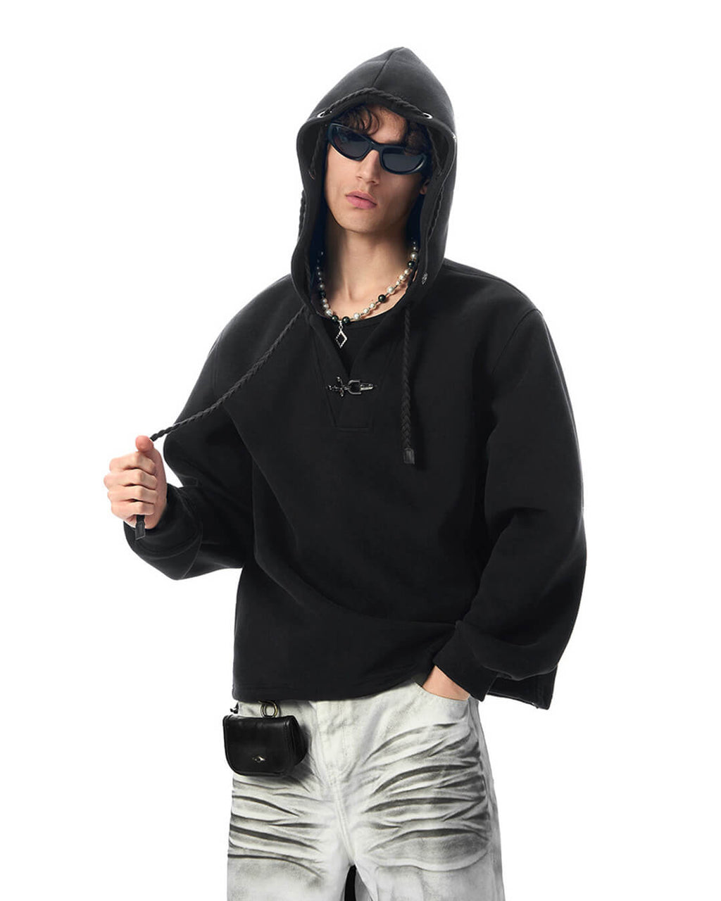 JHYQ Eye Rivet Rope Drawstring V Neck Cropped Hoodie