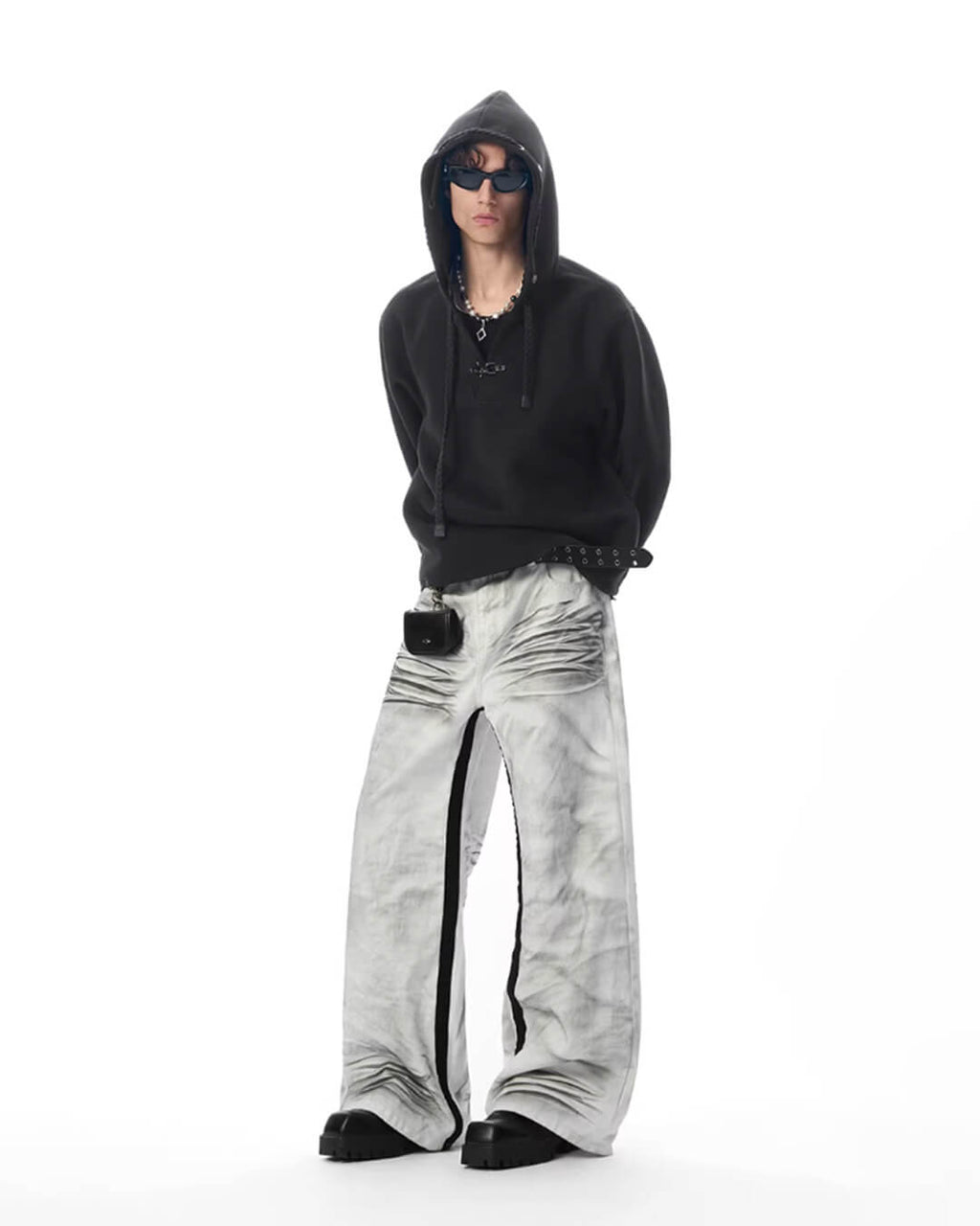JHYQ Eye Rivet Rope Drawstring V Neck Cropped Hoodie