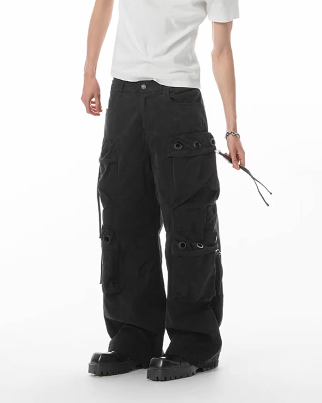 JHYQ Eyelet Detail 3D Multi Pocket Baggy Cargo Pants