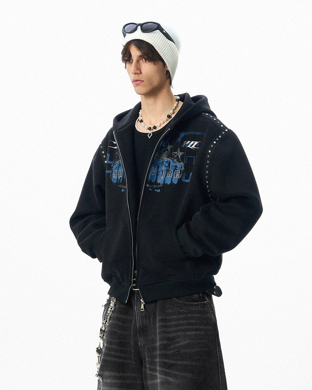 JHYQ Fist Print Rivet Shoulder Detail Cropped Zip Up Hoodie