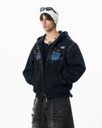 JHYQ Fist Print Rivet Shoulder Detail Cropped Zip Up Hoodie