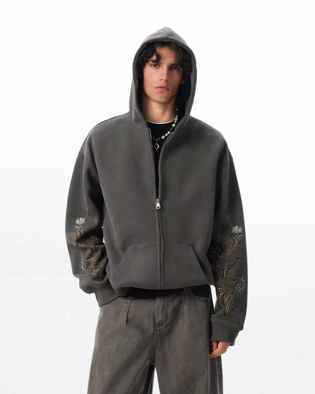 JHYQ Floral Print Studded Double Zipper Hoodie