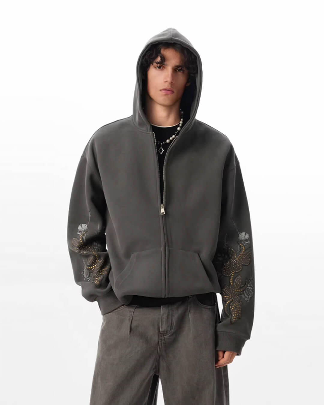 JHYQ Floral Print Studded Double Zipper Hoodie