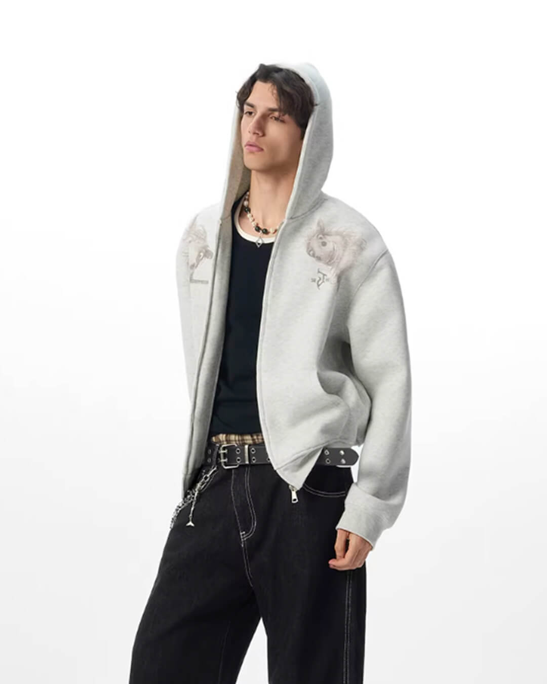JHYQ Horse Print Cropped Zip Up Hoodie