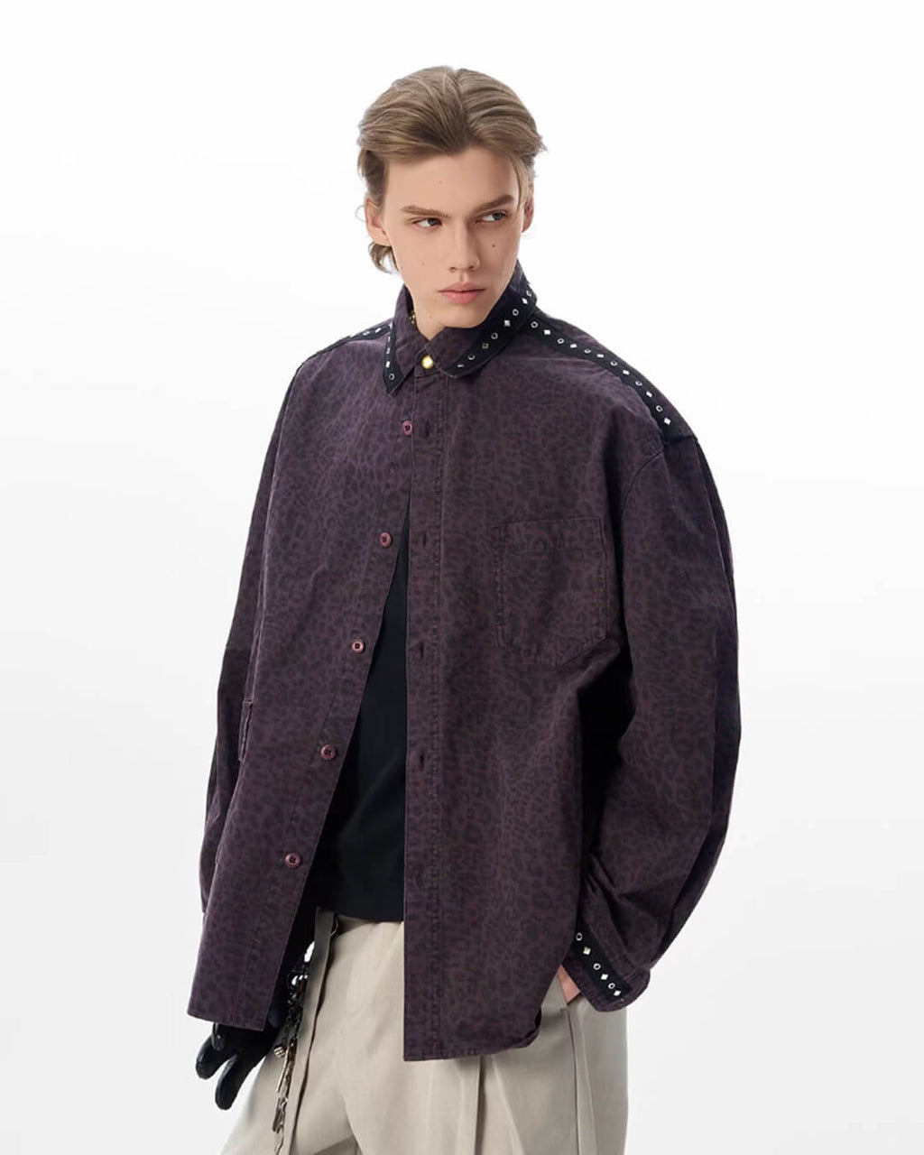 JHYQ Leopard Print Metal Studded Shirt Jacket