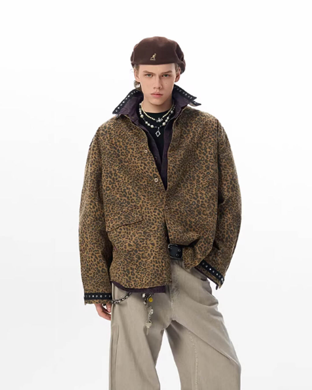 JHYQ Leopard Print Metal Studded Shirt Jacket