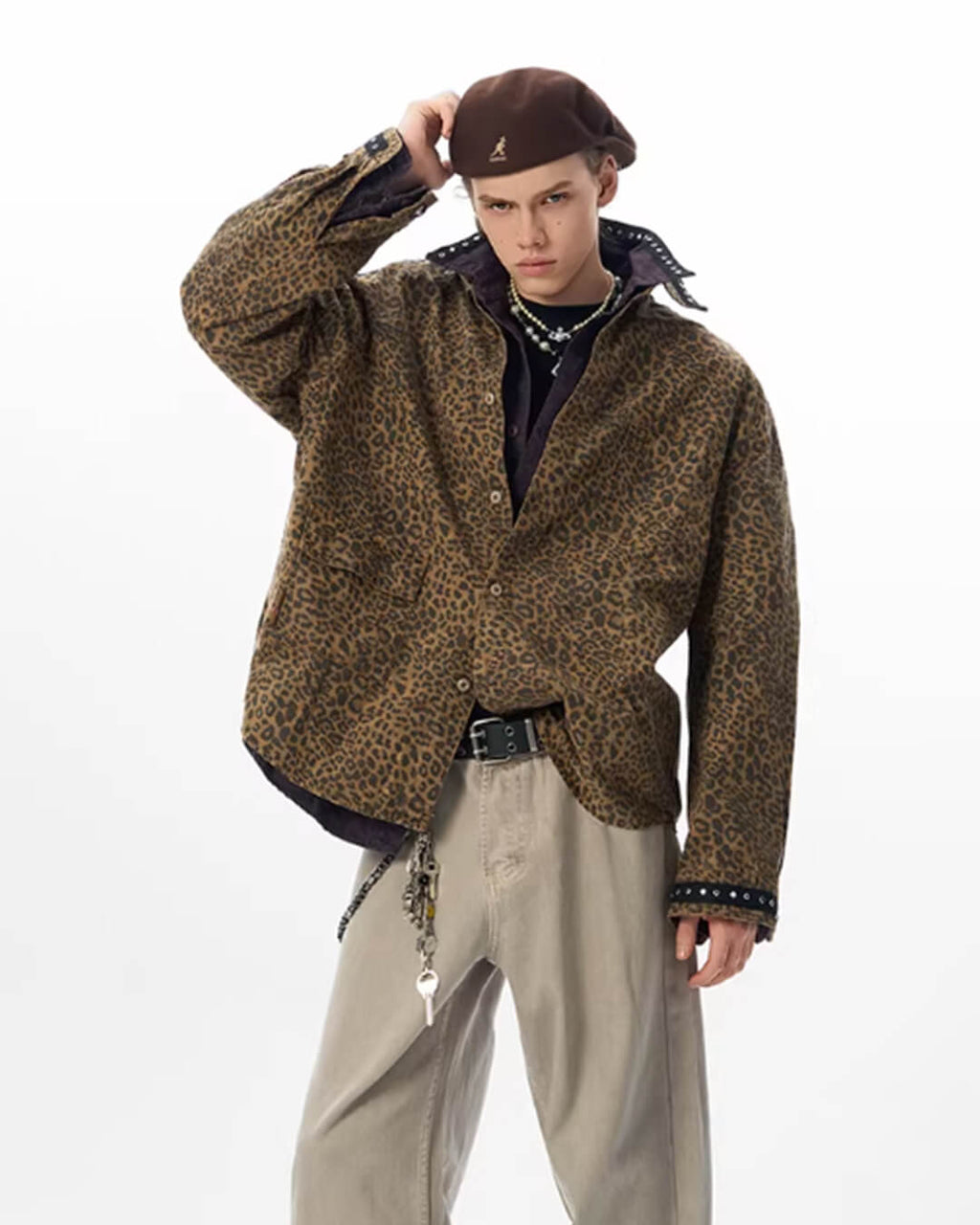 JHYQ Leopard Print Metal Studded Shirt Jacket