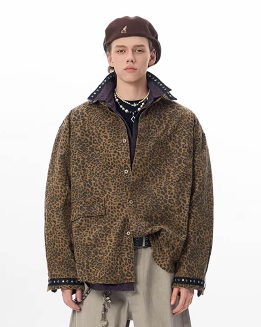 JHYQ Leopard Print Metal Studded Shirt Jacket