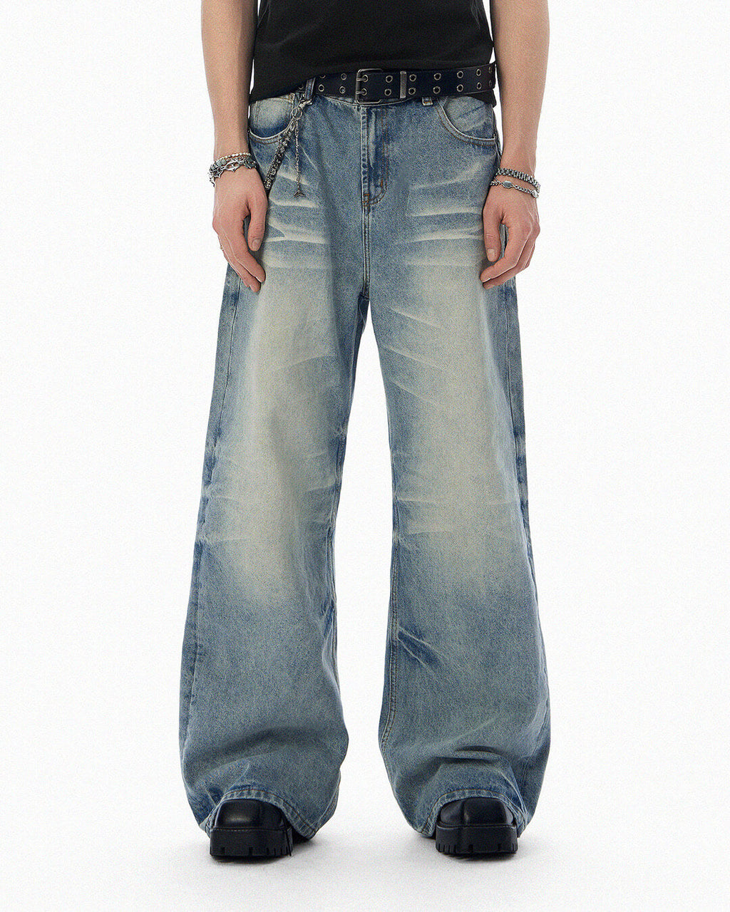 JHYQ Light Blue Whiskered Washed Loose Fit Jeans