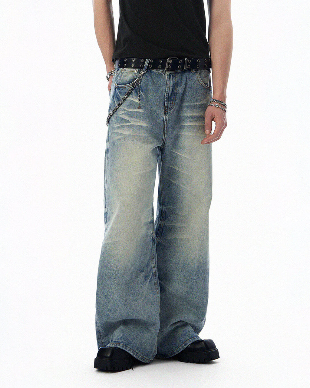 JHYQ Light Blue Whiskered Washed Loose Fit Jeans
