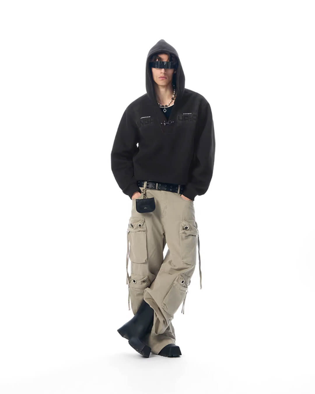 JHYQ Metal Buckle V Neck Cropped Hoodie