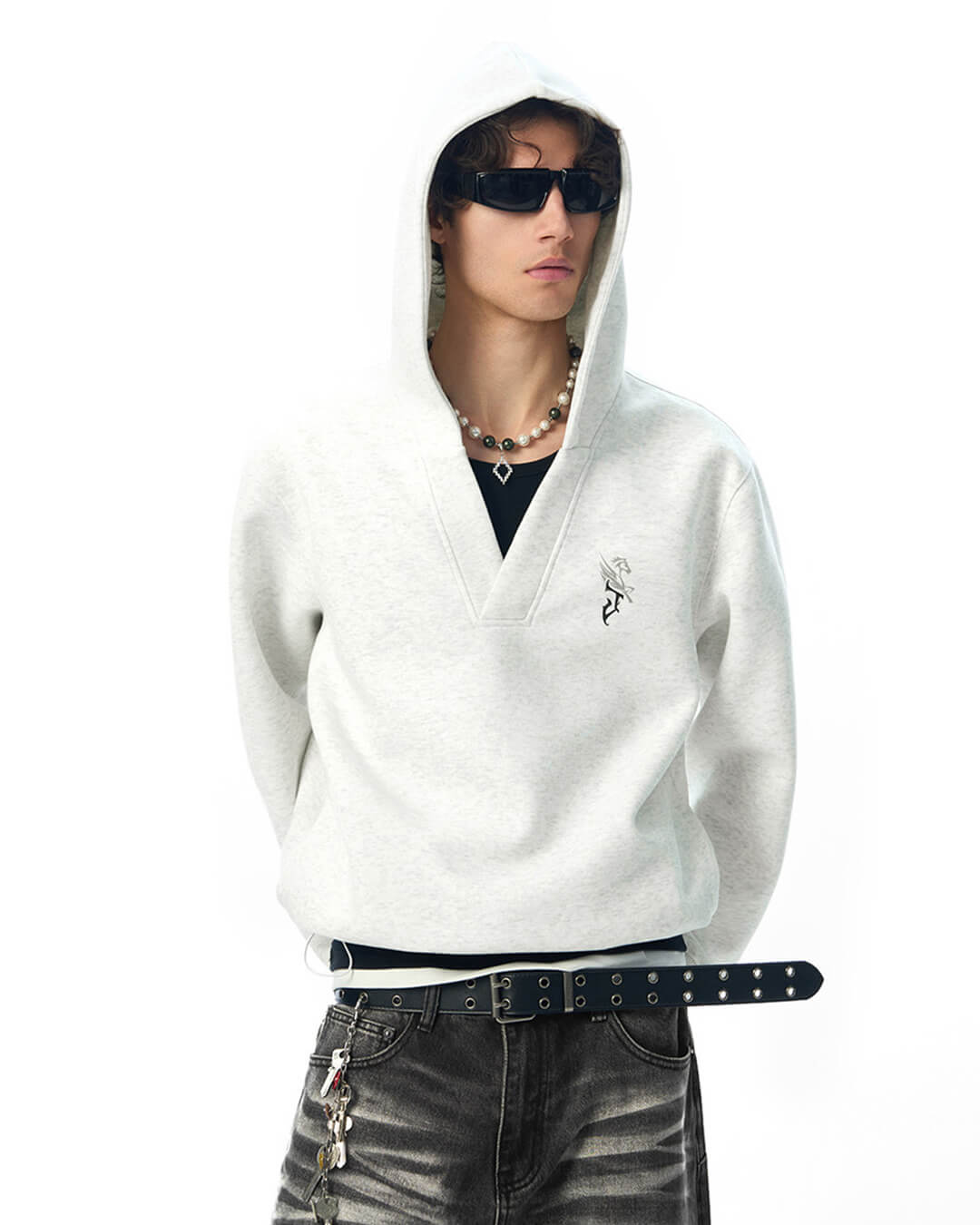 JHYQ Pegasus Logo V Neck Cropped Hoodie
