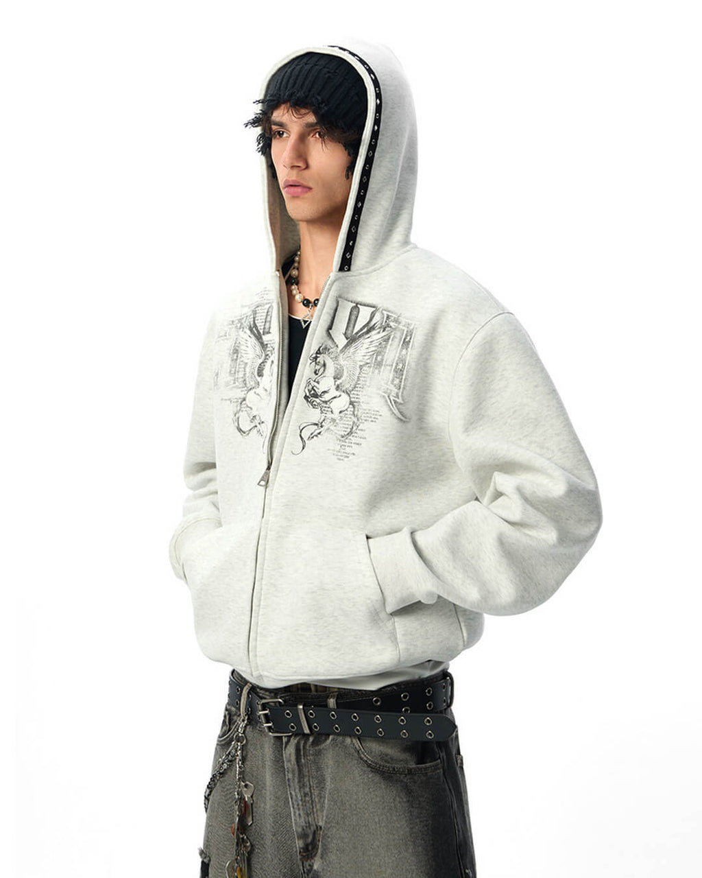 JHYQ Pegasus Print Rivet Hood Cropped Zip Up Hoodie
