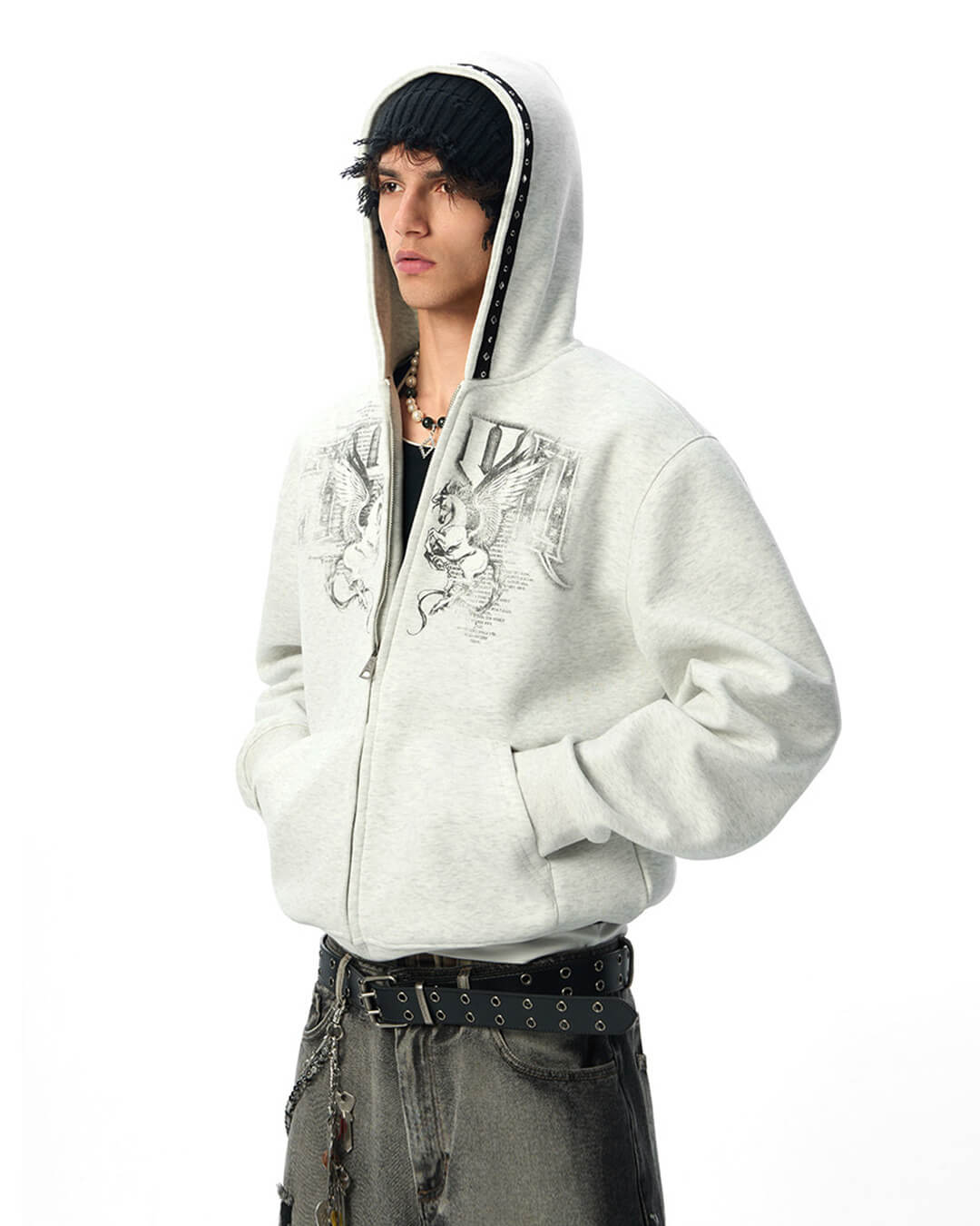JHYQ Pegasus Print Rivet Hood Cropped Zip Up Hoodie