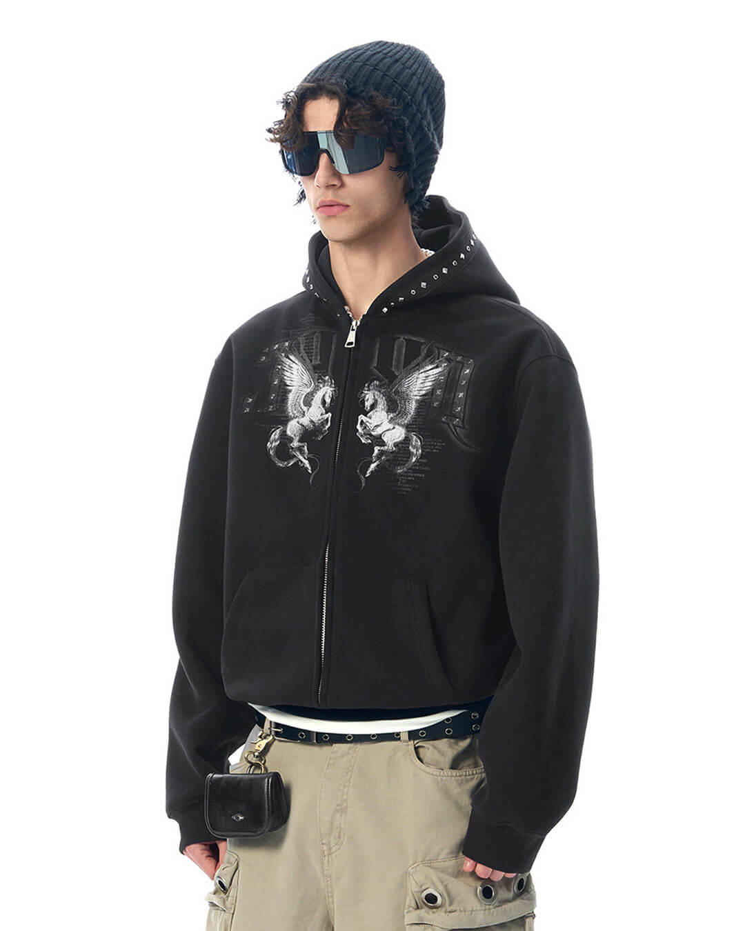 JHYQ Pegasus Print Rivet Hood Cropped Zip Up Hoodie