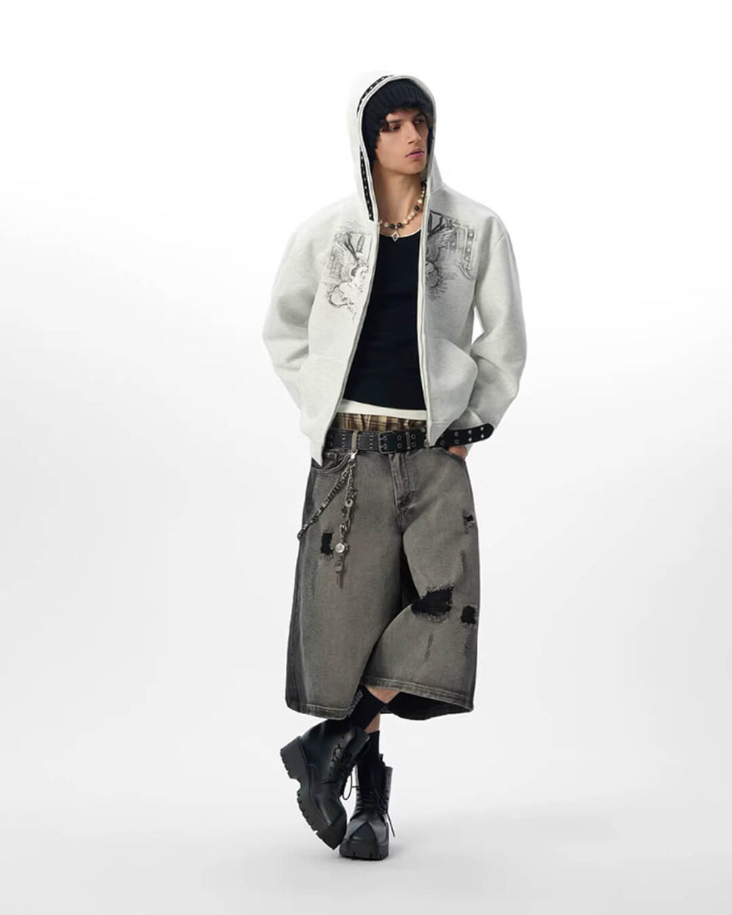 JHYQ Pegasus Print Rivet Hood Cropped Zip Up Hoodie