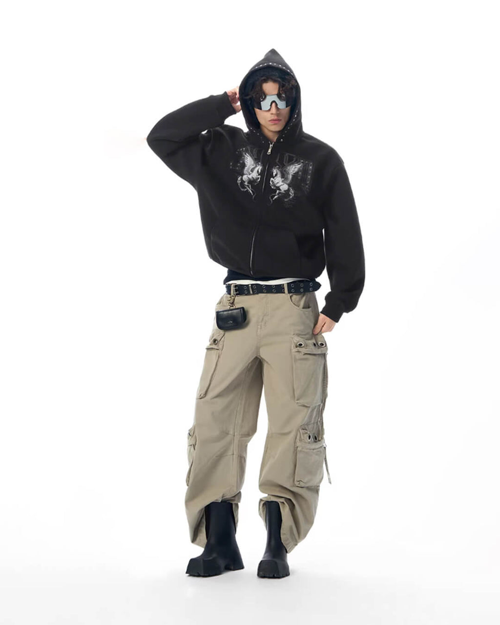 JHYQ Pegasus Print Rivet Hood Cropped Zip Up Hoodie