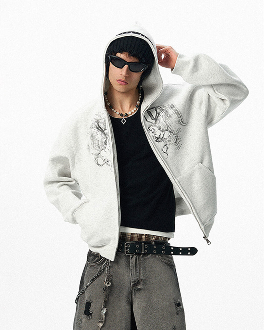 JHYQ Pegasus Print Rivet Hood Cropped Zip Up Hoodie