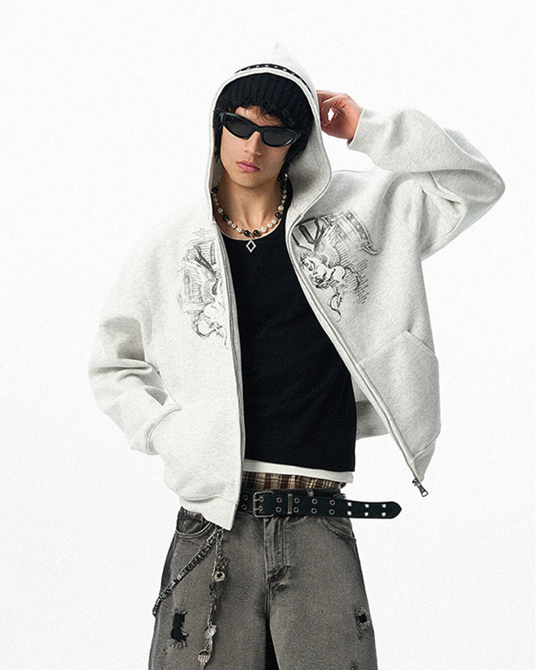 JHYQ Pegasus Print Rivet Hood Cropped Zip Up Hoodie
