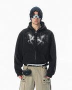 JHYQ Pegasus Print Rivet Hood Cropped Zip Up Hoodie
