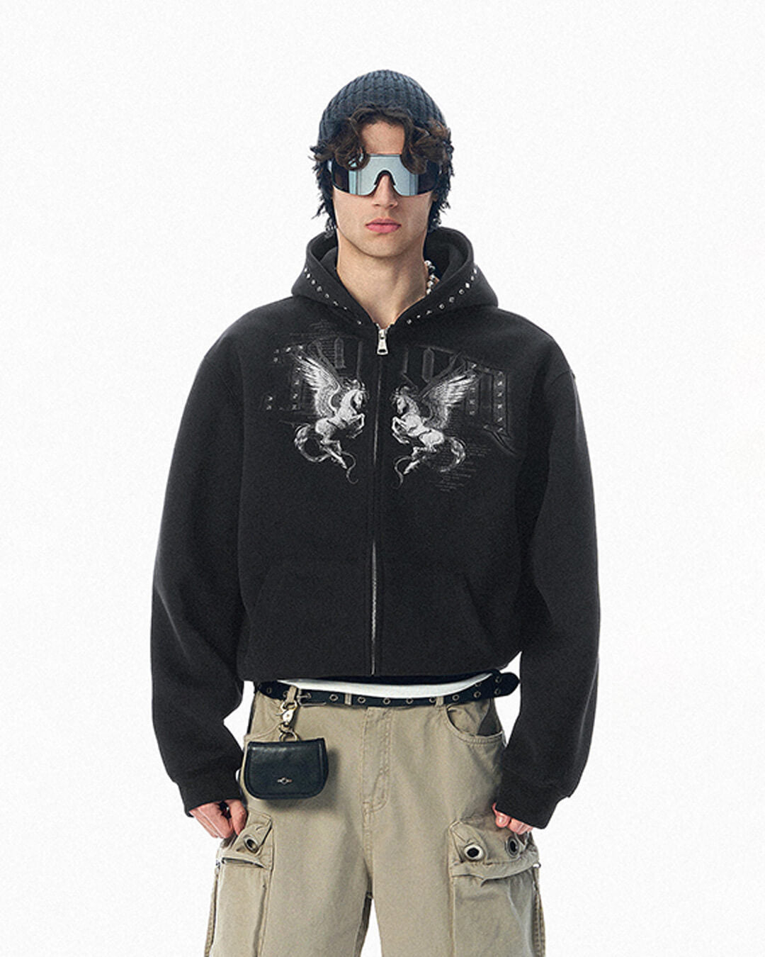 JHYQ Pegasus Print Rivet Hood Cropped Zip Up Hoodie