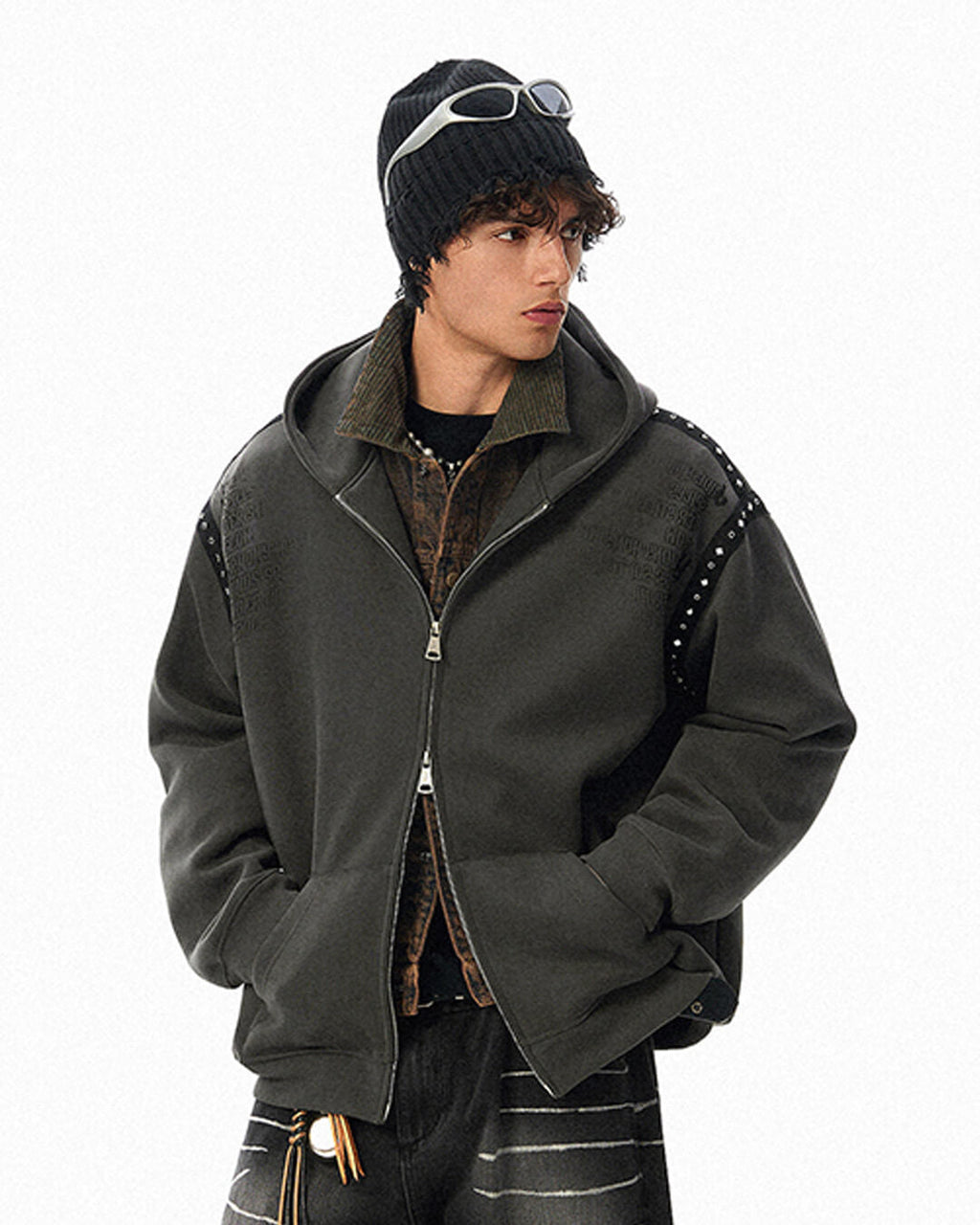 JHYQ Punk Style Studded Double Zipper Hoodie