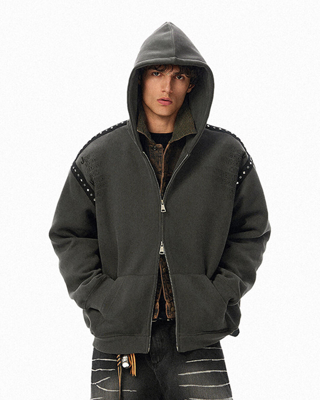 JHYQ Punk Style Studded Double Zipper Hoodie