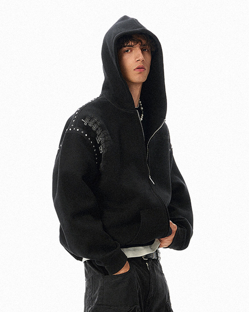 JHYQ Punk Style Studded Double Zipper Hoodie