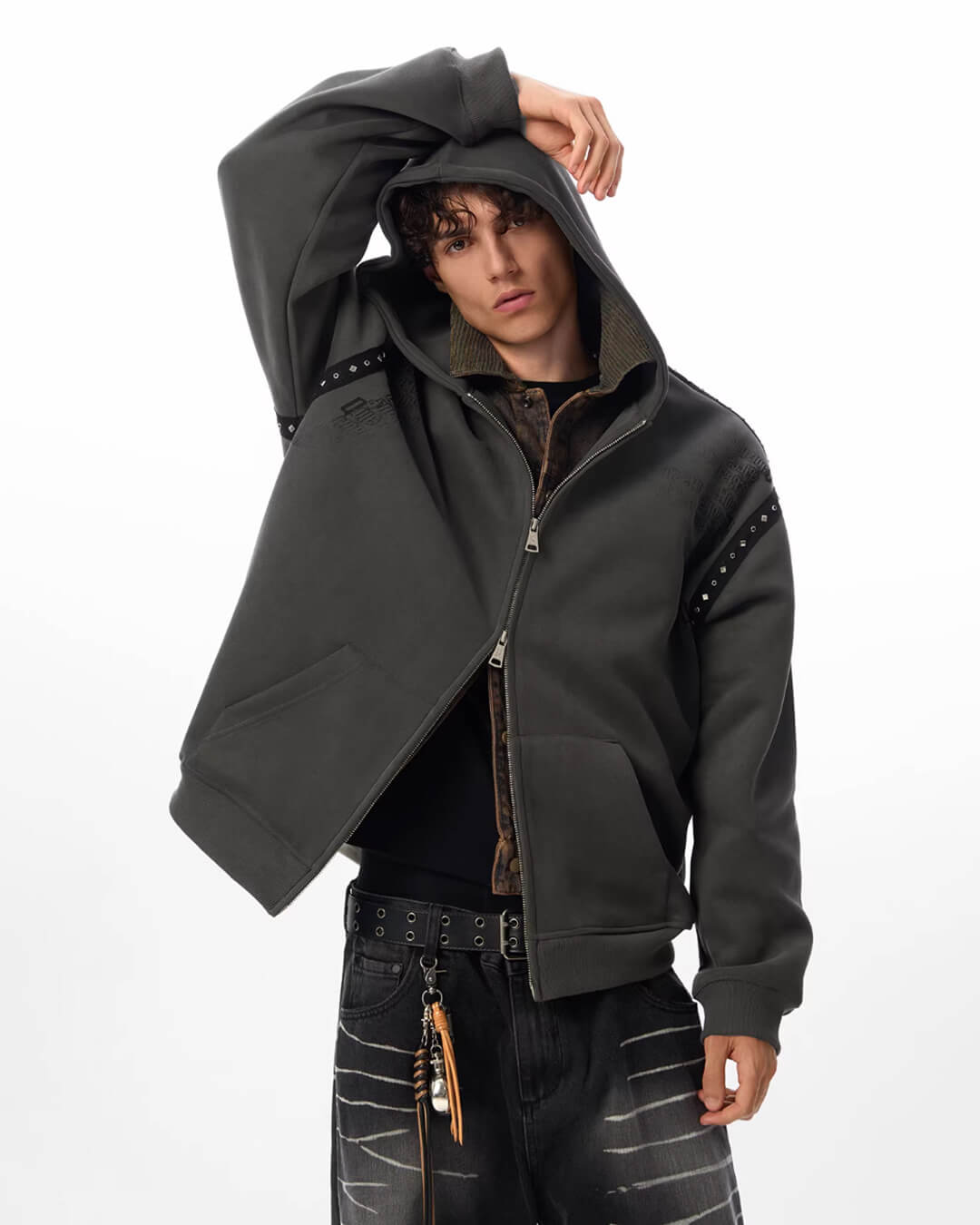 JHYQ Punk Style Studded Double Zipper Hoodie