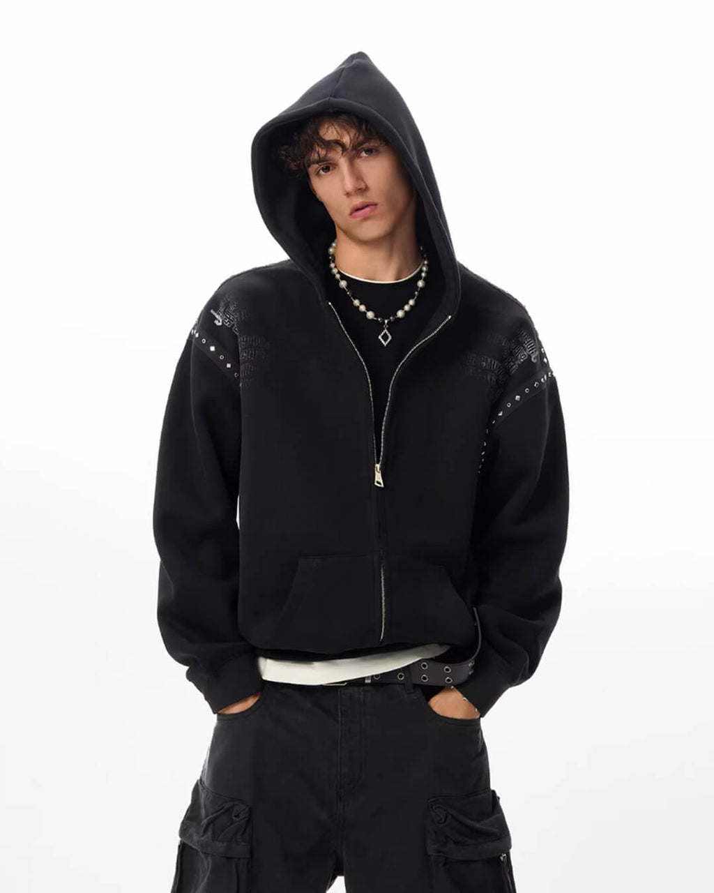 JHYQ Punk Style Studded Double Zipper Hoodie