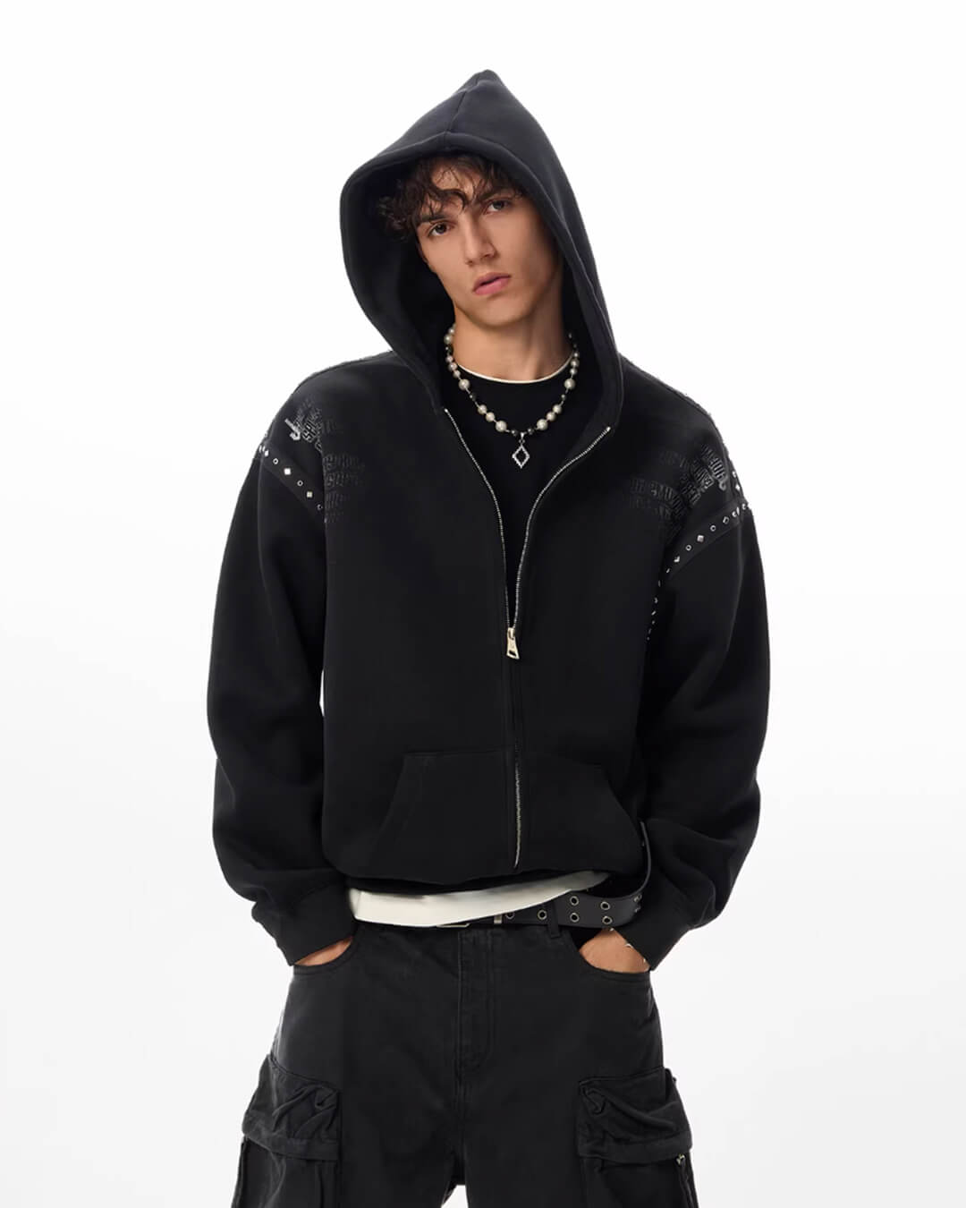 JHYQ Punk Style Studded Double Zipper Hoodie