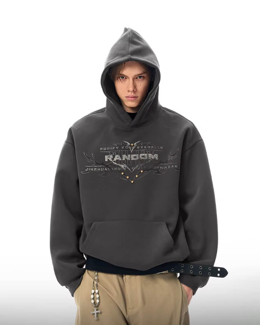 JHYQ RANDOM Letter Print Studded Hoodie