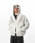 JHYQ Rhinestone Thorn Print Double Zipper Hoodie