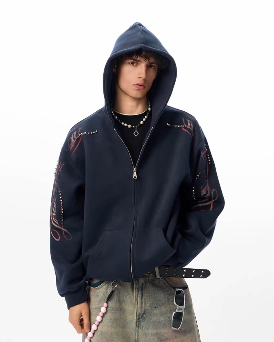 JHYQ Studded Calligraphy Print Double Zipper Hoodie