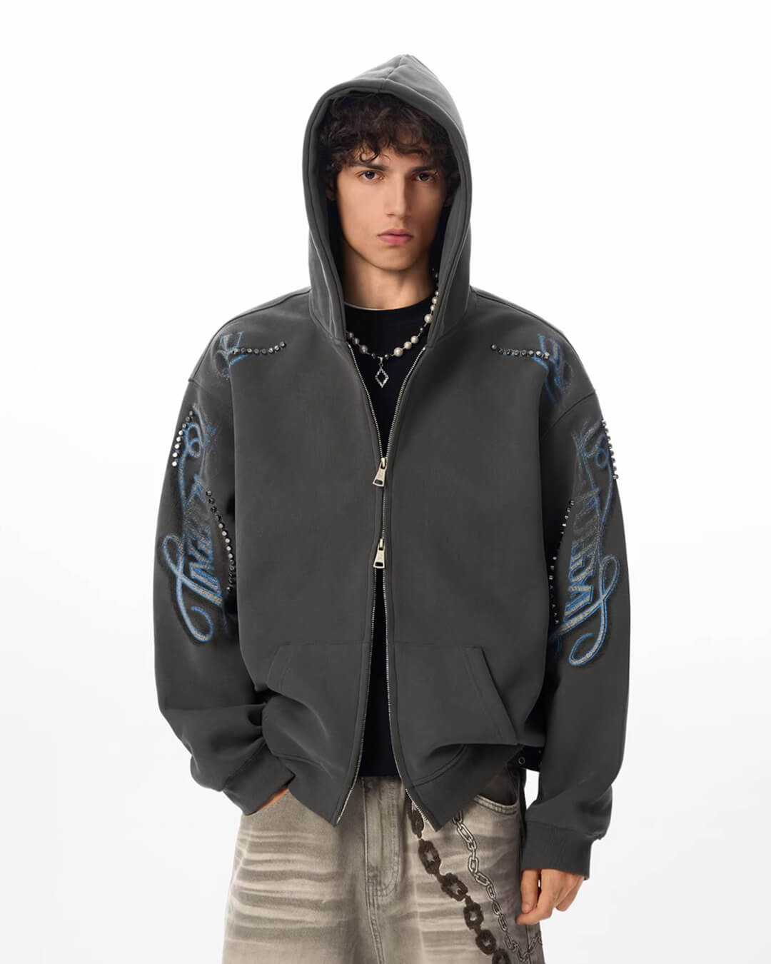 JHYQ Studded Calligraphy Print Double Zipper Hoodie